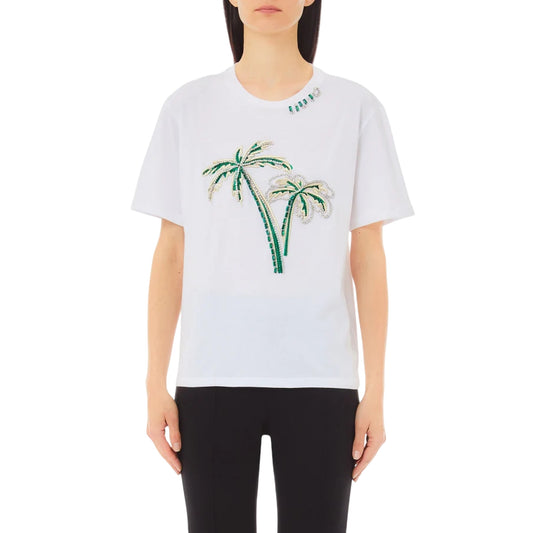 T-shirt Bianca da Donna con palme ricamate con strass modella frontale