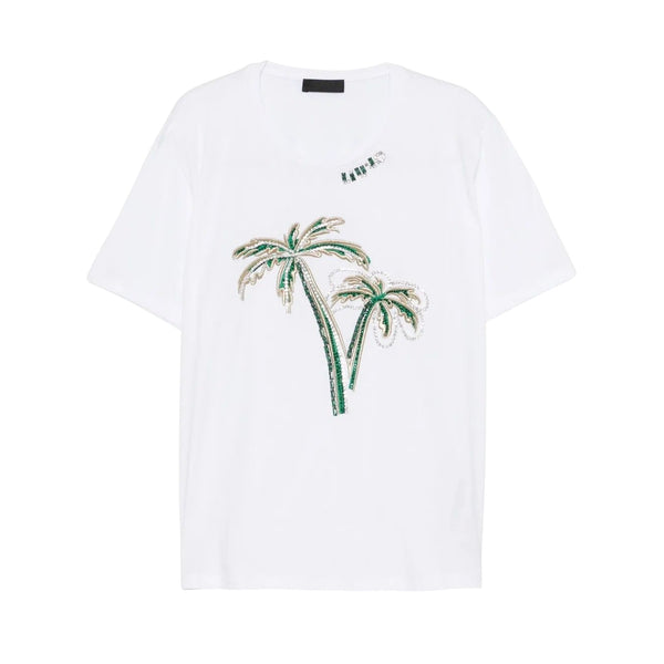 T-shirt Bianca da Donna con palme ricamate con strass
