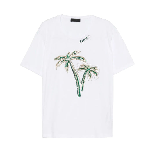 T-shirt Bianca da Donna con palme ricamate con strass