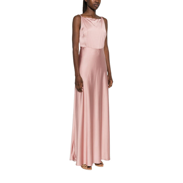Abito lungo Donna in raso rosa modella frontale