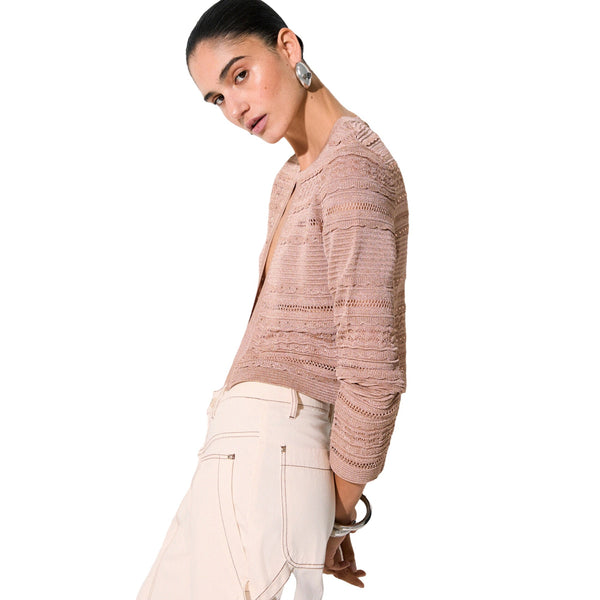 Cardigan Donna in maglia con trafori modella laterale