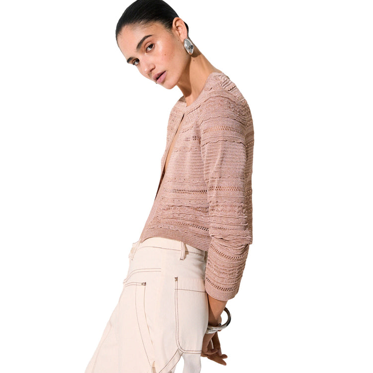Cardigan Donna in maglia con trafori modella laterale