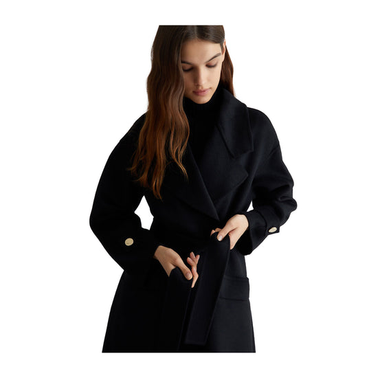 Cappotto Donna misto lana con cintura Nero modella frontale