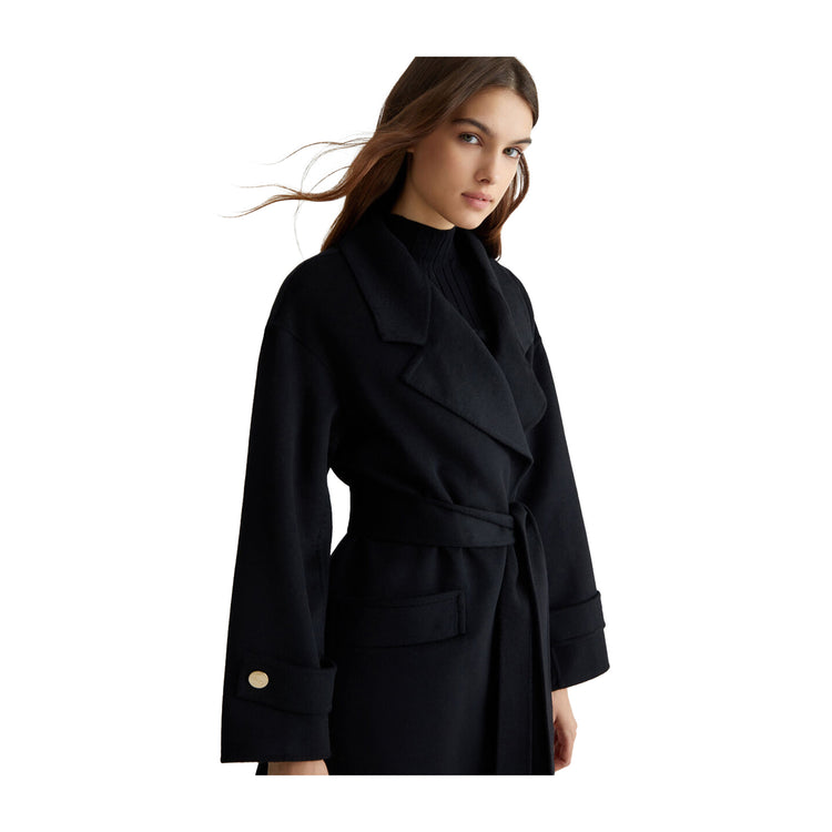 Cappotto Donna misto lana con cintura Nero modella laterale