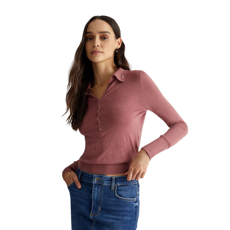 Polo Donna in misto cashmere Rosa modella frontale