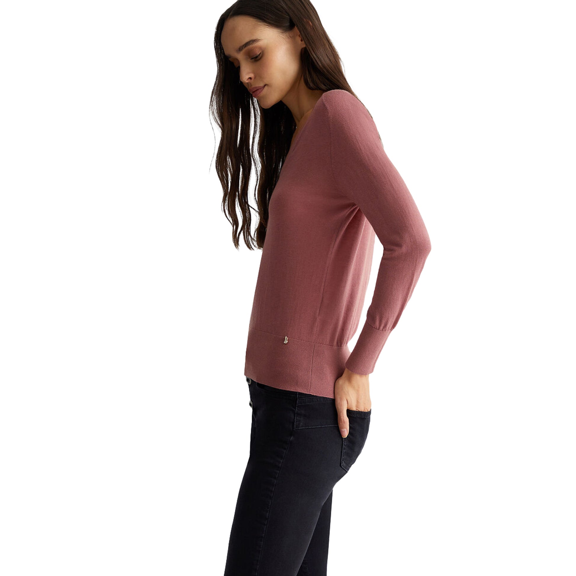 Maglia Donna in cotone e cashmere Rosa modella laterale