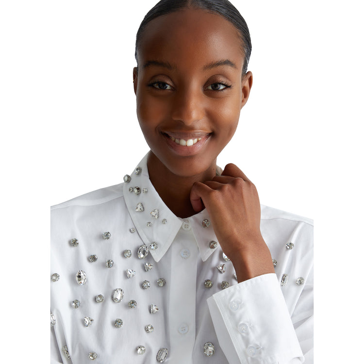 Camicia Donna in cotone con strass Bianco modella frontale ravvicinata