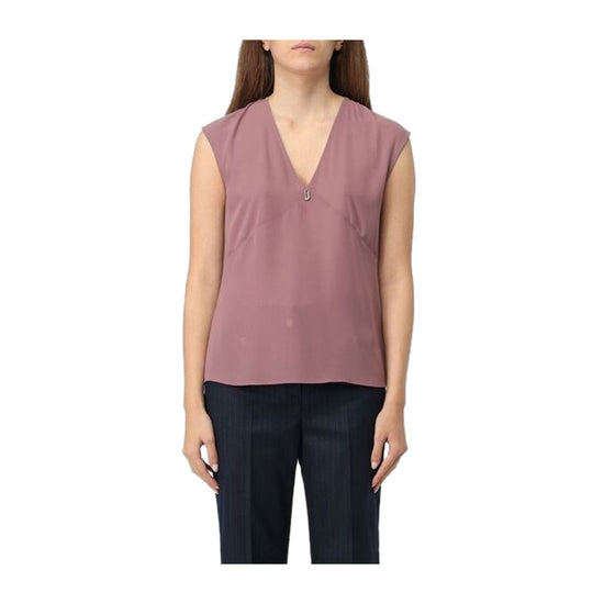 Blusa Donna scollo a V in tinta unita rosa modella frontale