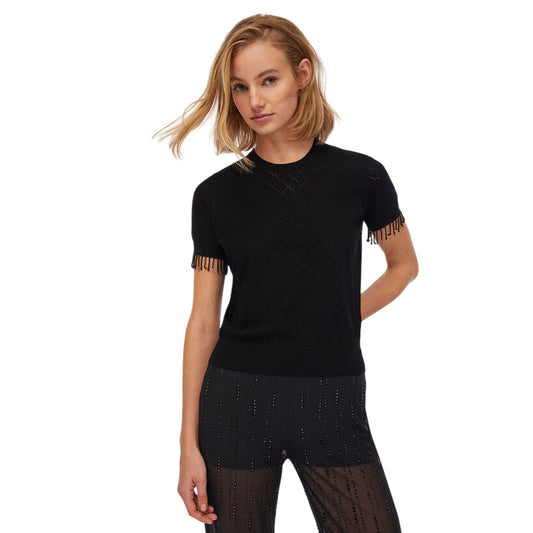 T-shirt Donna con frange sulle maniche Nero modella frontale