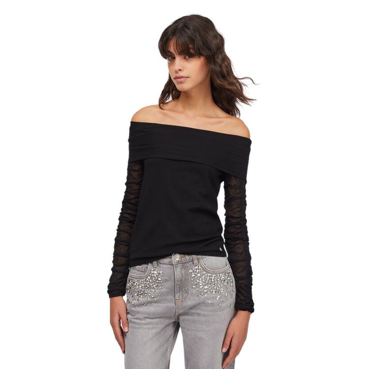 Maglia Donna con scollo bardot Nero modella frontale