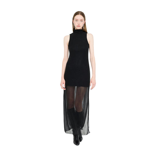 Abito Donna in tulle con strass Nero modella frontale