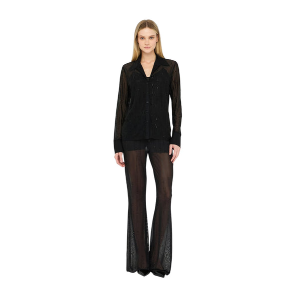 Camicia Donna in tulle con strass Nero modella intera frontale