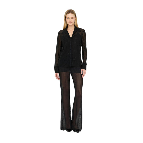 Camicia Donna in tulle con strass Nero modella intera frontale