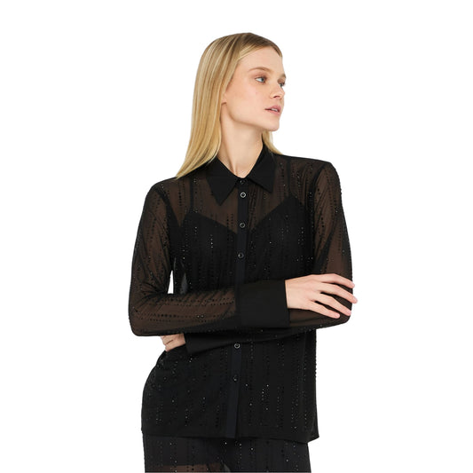 Camicia Donna in tulle con strass Nero modella frontale