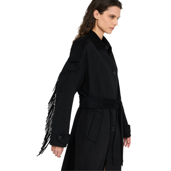 Trench Donna in lana con frange nero 