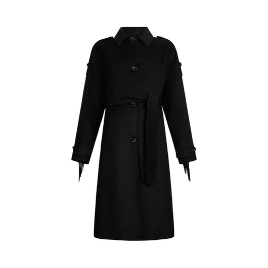 Trench Donna in lana con frange nero