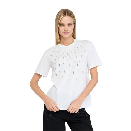 T-shirt Donna con perle e strass Bianco modella frontale