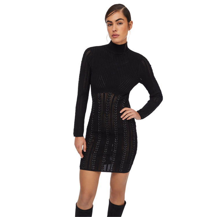 Abito corto Donna in maglia traforata Nero modella frontale