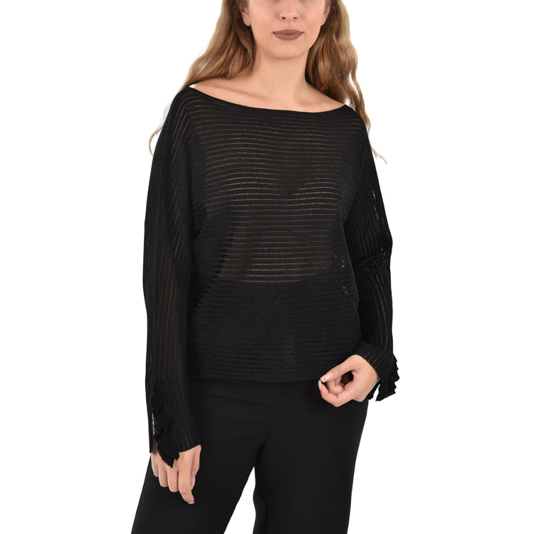 Maglia Donna a coste con dettagli a fondo manica nero modella frontale