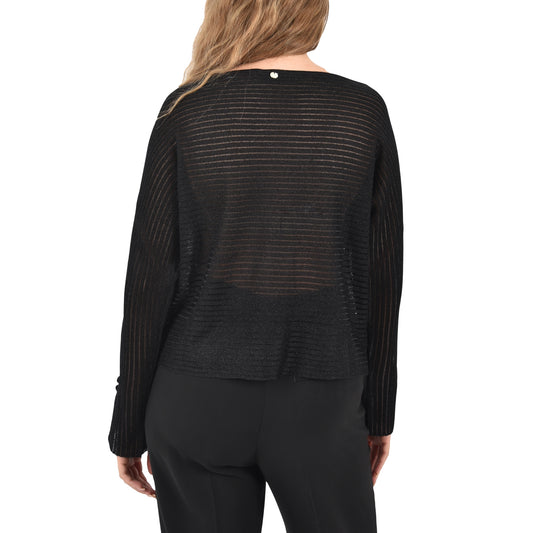 Maglia Donna a coste con dettagli a fondo manica nero modella retro