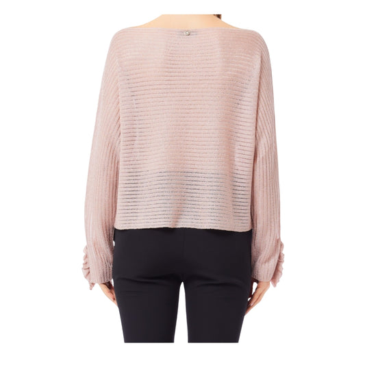 Maglia Donna a coste con dettagli a fondo manica Rosa modella retro