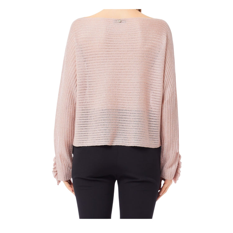 Maglia Donna a coste con dettagli a fondo manica Rosa modella retro