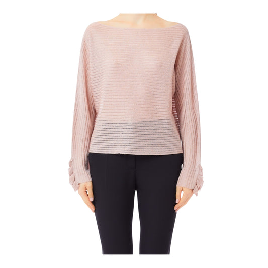 Maglia Donna a coste con dettagli a fondo manica Rosa modella frontale