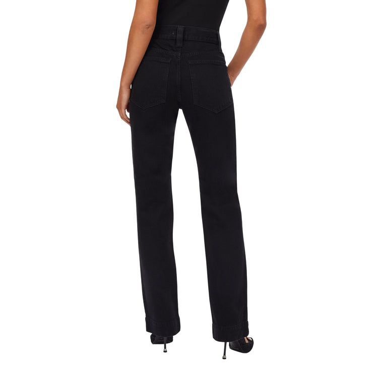 Jeans Donna straight nero con perle gioiello modella retro