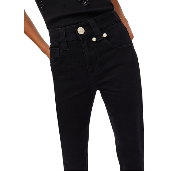 Jeans Donna straight nero con perle gioiello dettaglio frontale