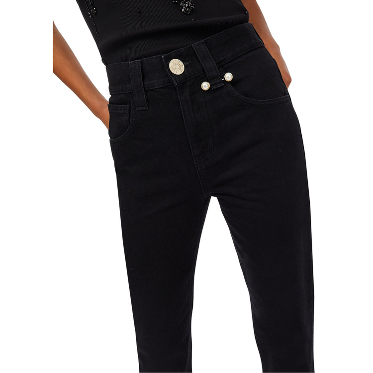 Jeans Donna straight nero con perle gioiello dettaglio frontale
