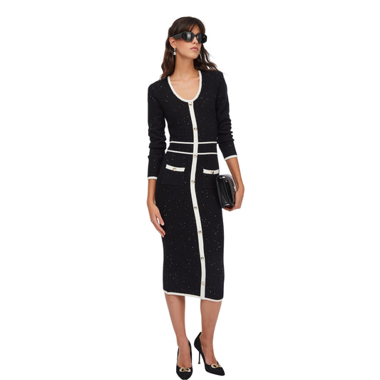 Abito Midi Donna in lurex con dettagli a contrasto modella frontale