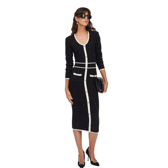 Abito Midi Donna in lurex con dettagli a contrasto modella frontale