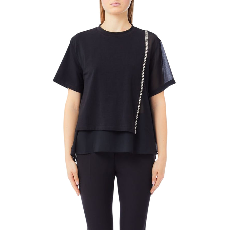 T-shirt Donna dal taglio asimmetrico Nero modella frontale