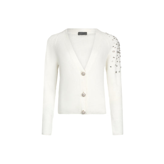 Cardigan Donna in lana bianca con ricami gioiello