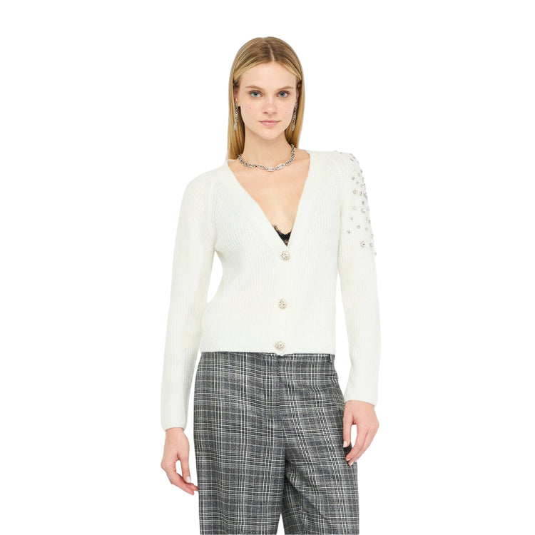 Cardigan Donna in lana bianca con ricami gioiello modella frontale