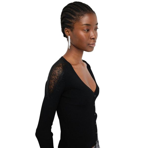 Maglia Donna con bottoni e pizzo Nero modella laterale ravvicinata