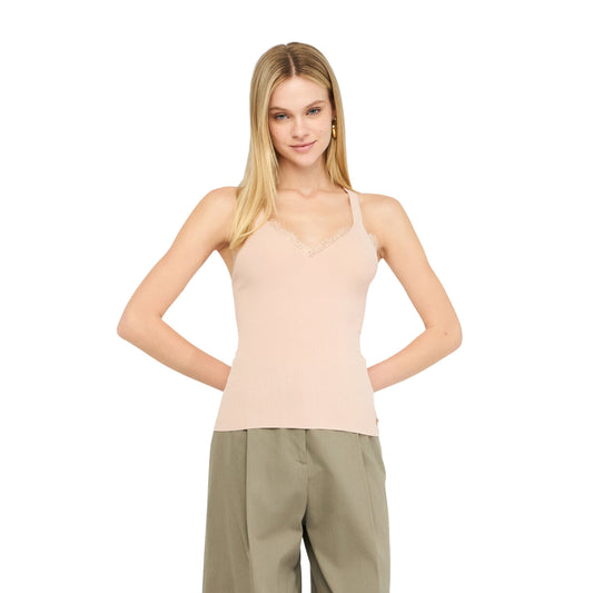 Top Donna con dettagli in pizzo Rosa modella frontale