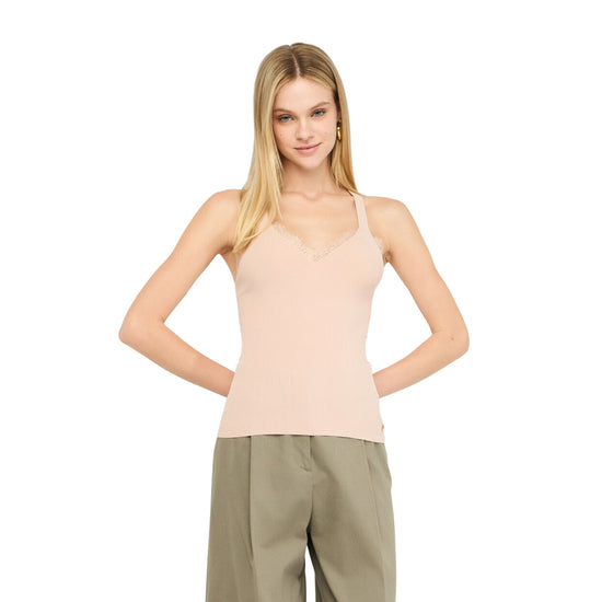Top Donna con dettagli in pizzo Rosa modella frontale