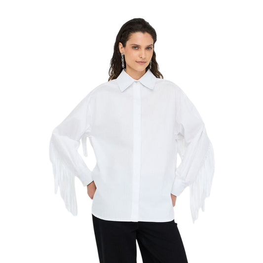 Camicia Donna in popeline con frange Bianco modella frontale