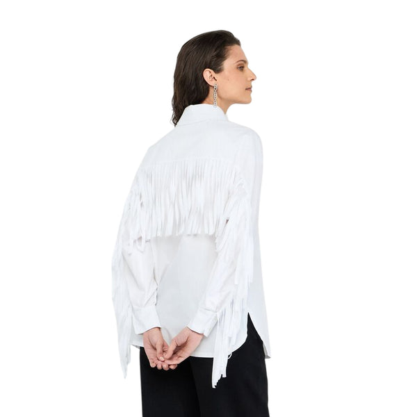 Camicia Donna in popeline con frange Bianco modella retro