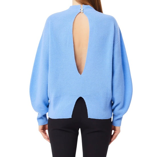 Maglia Donna in lana e cashmere con cut-out azzurro modella retro