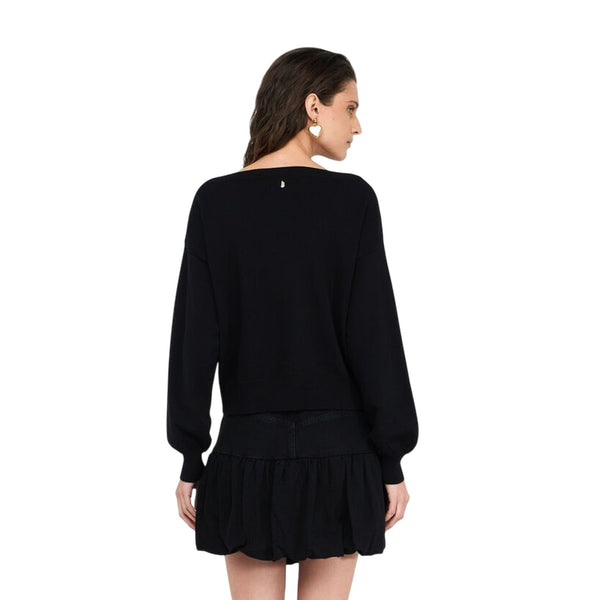 Maglia Donna con fiori e strass Nero modella retro