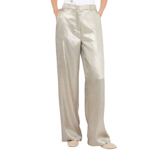 Pantaloni Donna in crêpe laminato oro modella frontale