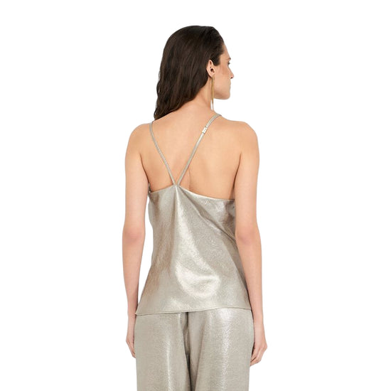 Top Donna in crepe laminato oro modella retro