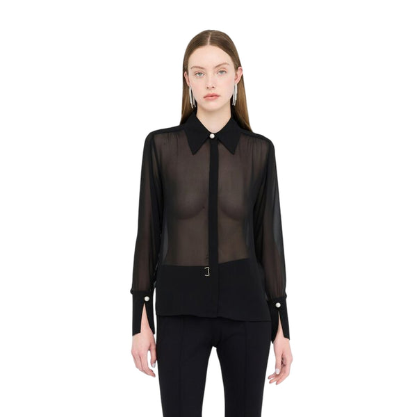 Camicia Donna in georgette nero con dettagli perle modella frontale