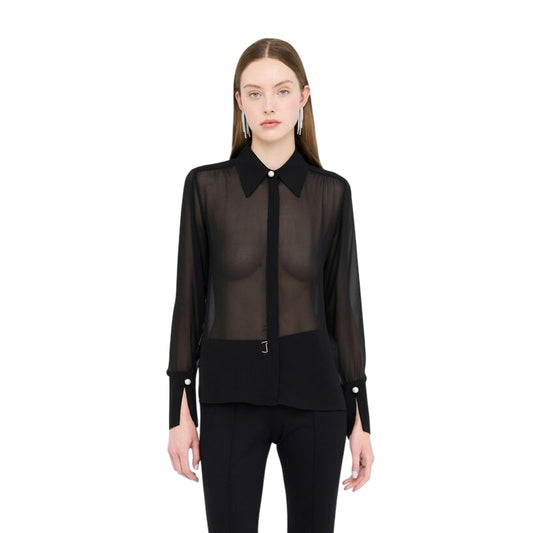 Camicia Donna in georgette nero con dettagli perle modella frontale