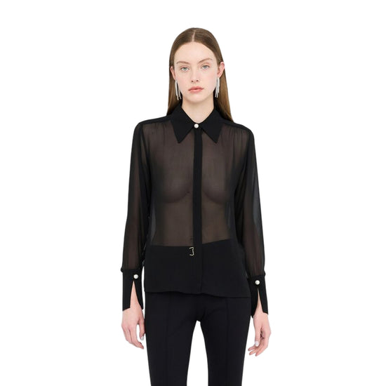 Camicia Donna in georgette nero con dettagli perle modella frontale