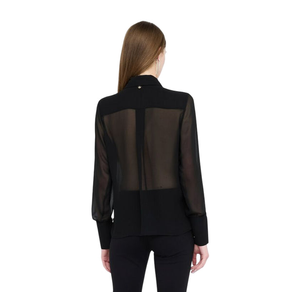 Camicia Donna in georgette nero con dettagli perle modella retro