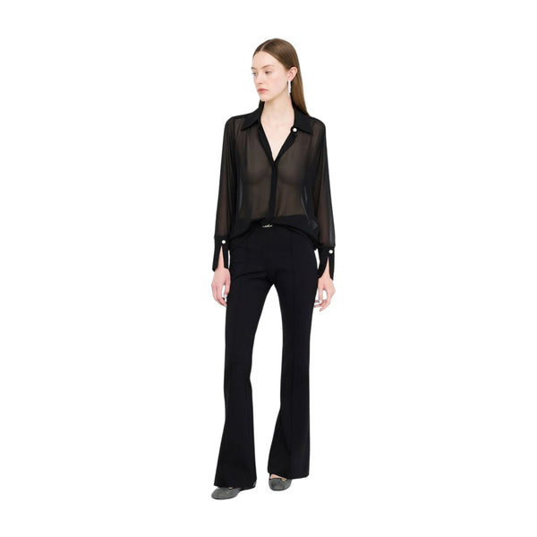 Camicia Donna in georgette nero con dettagli perle modella intera frontale