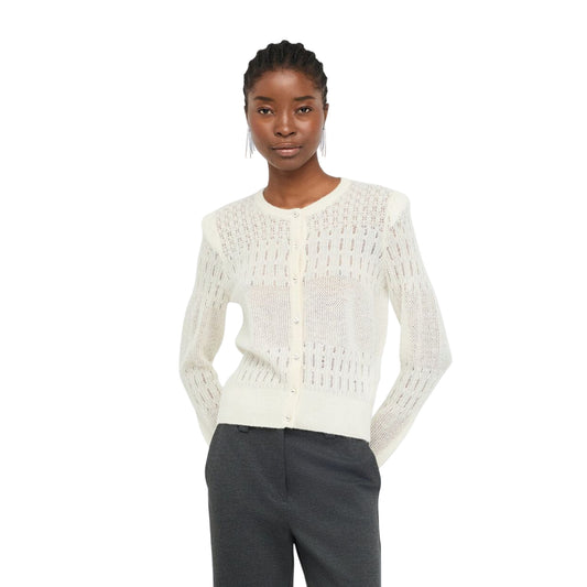 Cardigan Donna con lavorazione punto pizzo Bianco modella frontale